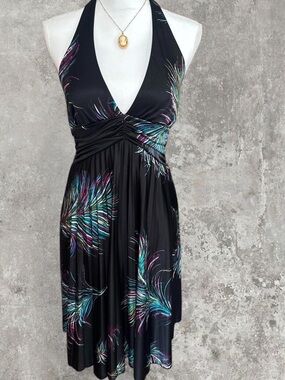 Vintage Y2K Speekless Peacock Feather Slinky Halter Skater Dress Medium Pleated